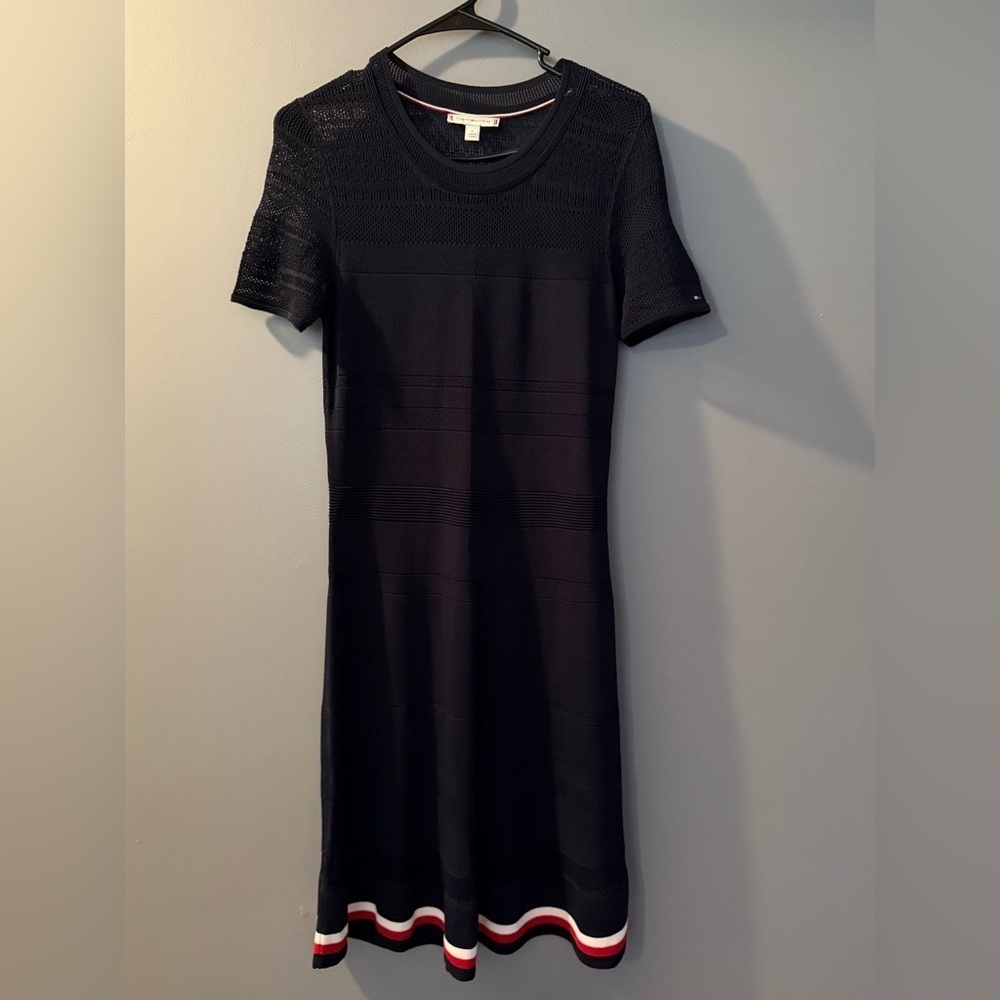 Tommy Hilfiger Knit Midi Dress with Striped Hem Womens Sz M Netted Short Sleeves